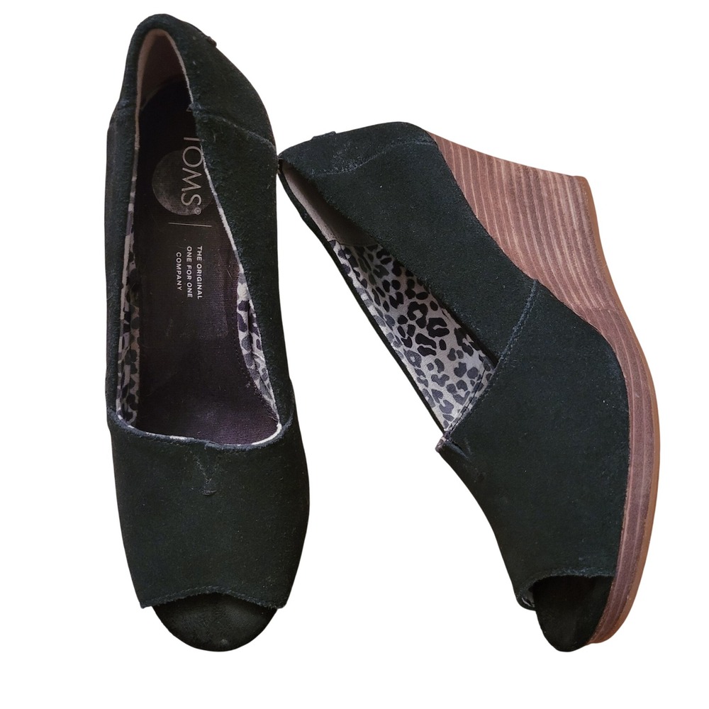 TOMS 7 Black‎ Suede Desert Wedge Peep Toe High Heels Shoes MICHELLE Espadrille